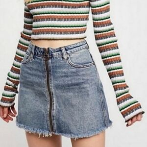 We The Free Zipper Front Distressed Denim Mini Skirt